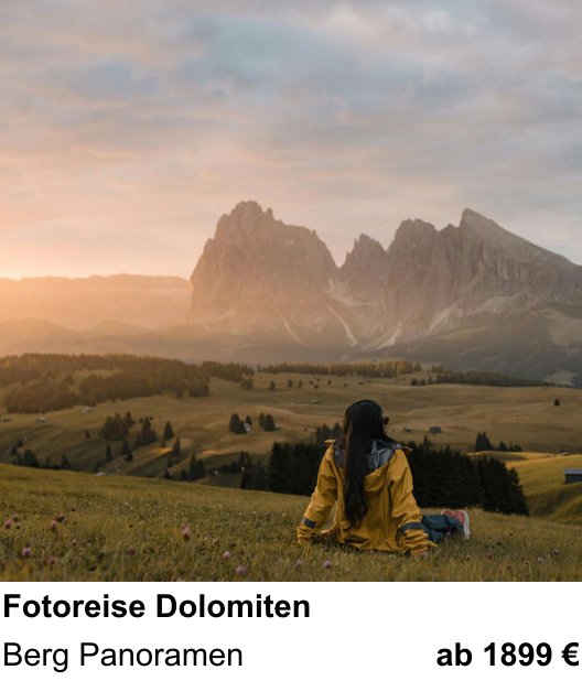 Bildstarker Fotoworkshop über Fotoreise Dolomiten: Berg Panoramen